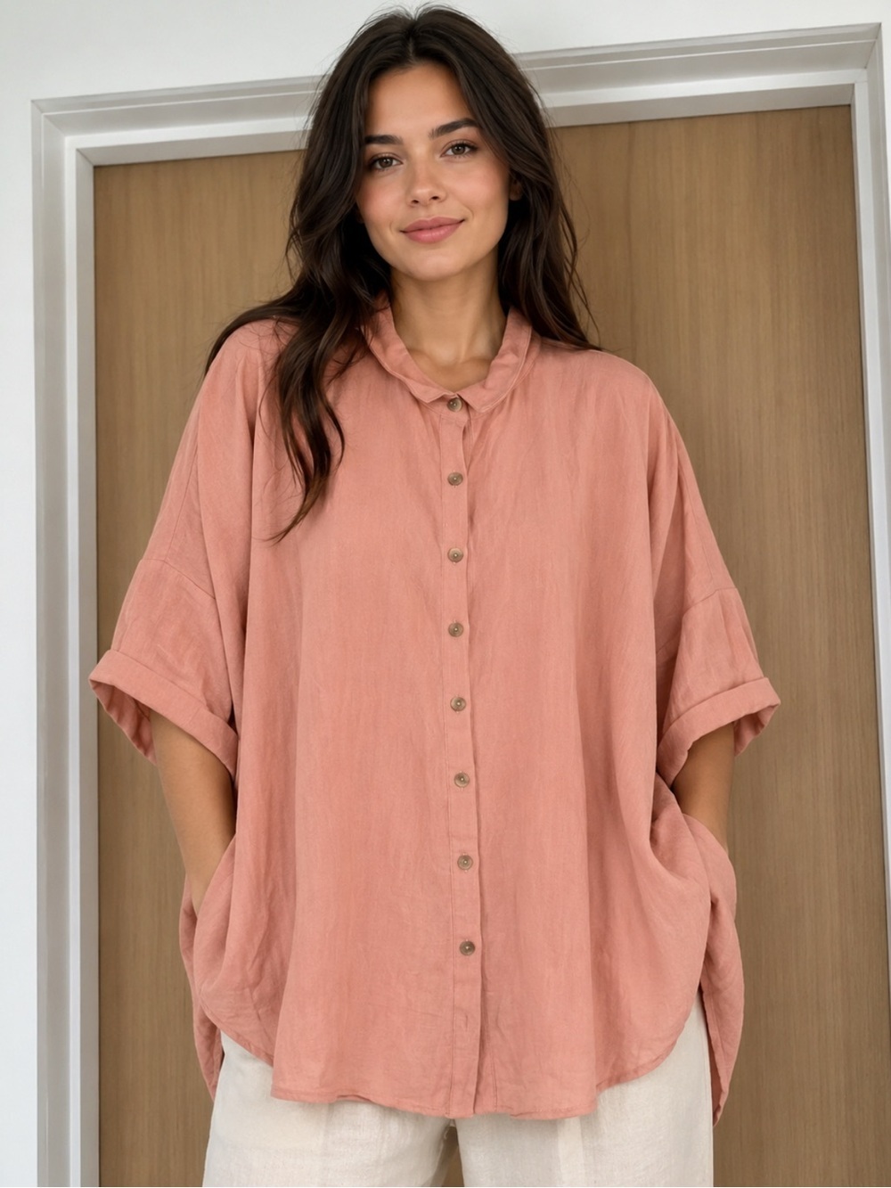 Ces Femme Button-Front Oversized Top in Peach Size-Small Coastal Minimalist